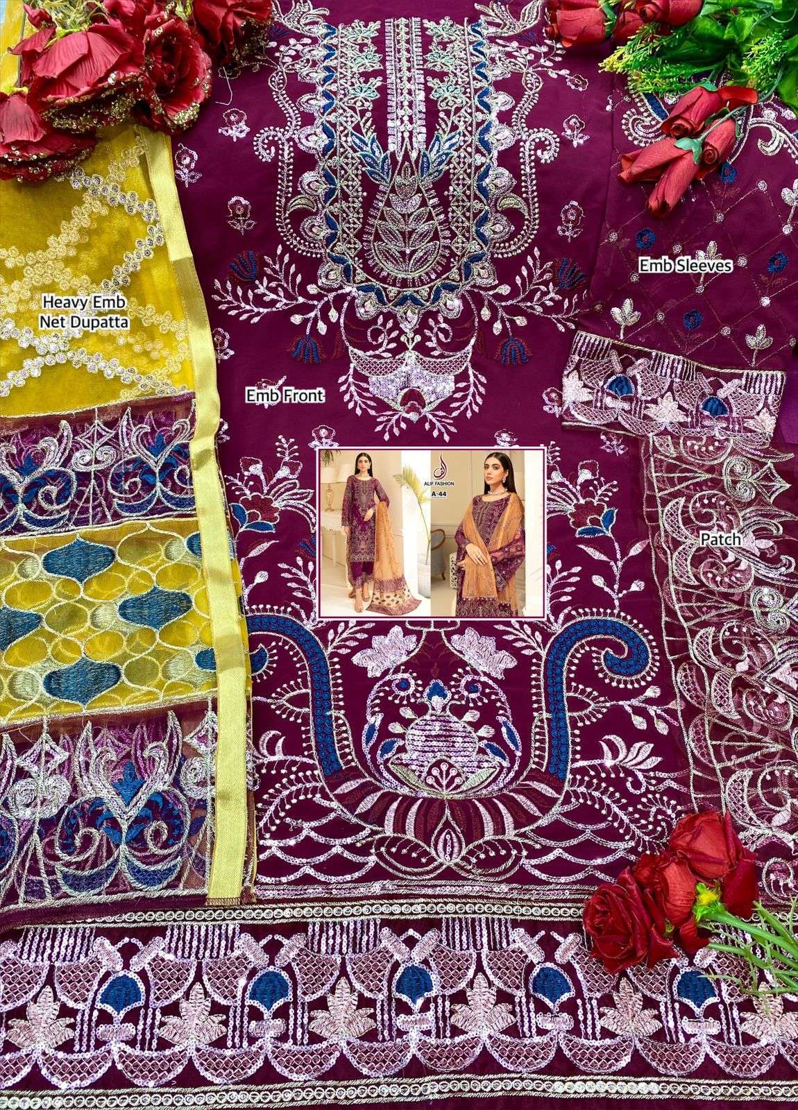 ALIF HIT DESIGN A-44 BY ALIF FASHION PAKISTANI SUITS BEAUTIFUL FANCY COLORFUL STYLISH PARTY WEAR & OCCASIONAL WEAR FAUX GEORGETTE EMBROIDERY DRESSES AT WHOLESALE PRICE
