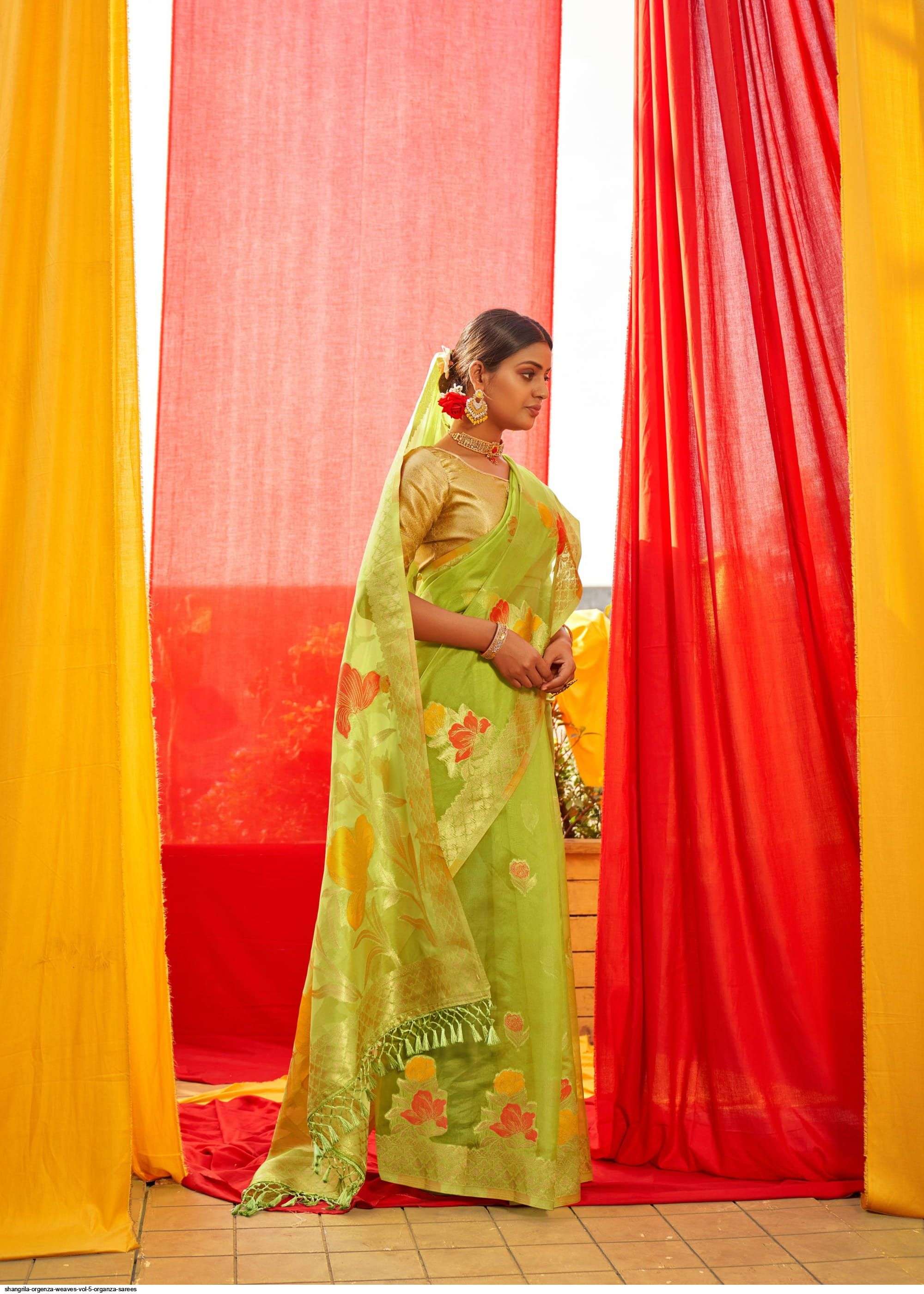 ORGENZA WEAVES VOL-5 BY SHANGRILA A TO F SERIES INDIAN TRADITIONAL WEAR COLLECTION BEAUTIFUL STYLISH FANCY COLORFUL PARTY WEAR & OCCASIONAL WEAR SOFT ORGANZA PRINTED SAREES AT WHOLESALE PRICE