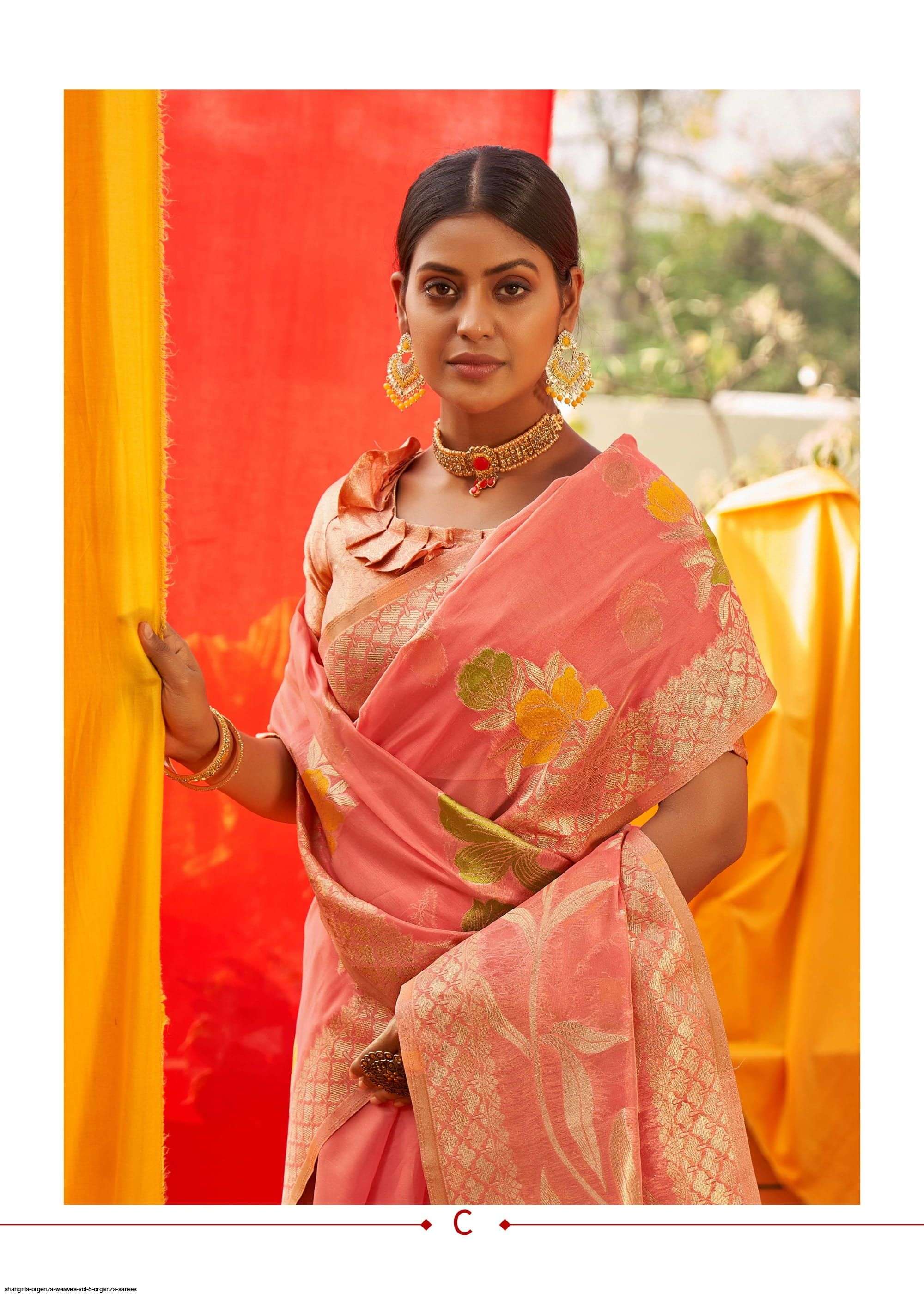 ORGENZA WEAVES VOL-5 BY SHANGRILA A TO F SERIES INDIAN TRADITIONAL WEAR COLLECTION BEAUTIFUL STYLISH FANCY COLORFUL PARTY WEAR & OCCASIONAL WEAR SOFT ORGANZA PRINTED SAREES AT WHOLESALE PRICE