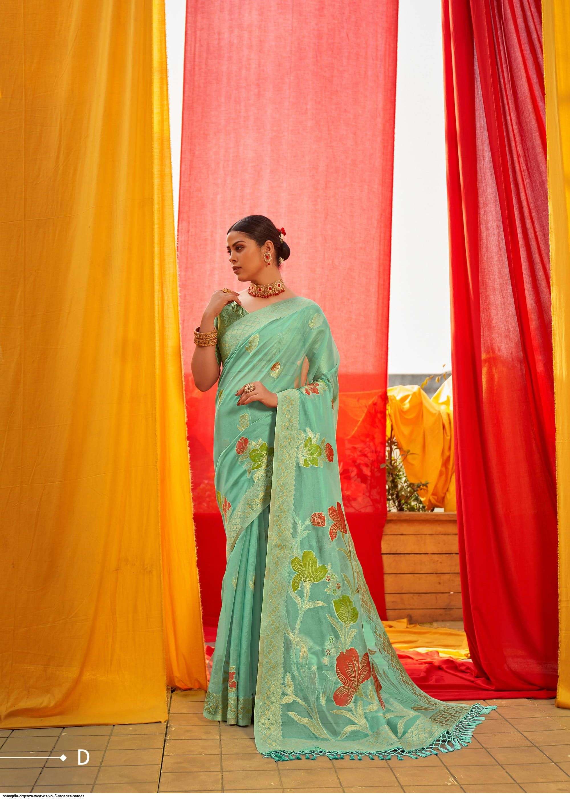 ORGENZA WEAVES VOL-5 BY SHANGRILA A TO F SERIES INDIAN TRADITIONAL WEAR COLLECTION BEAUTIFUL STYLISH FANCY COLORFUL PARTY WEAR & OCCASIONAL WEAR SOFT ORGANZA PRINTED SAREES AT WHOLESALE PRICE