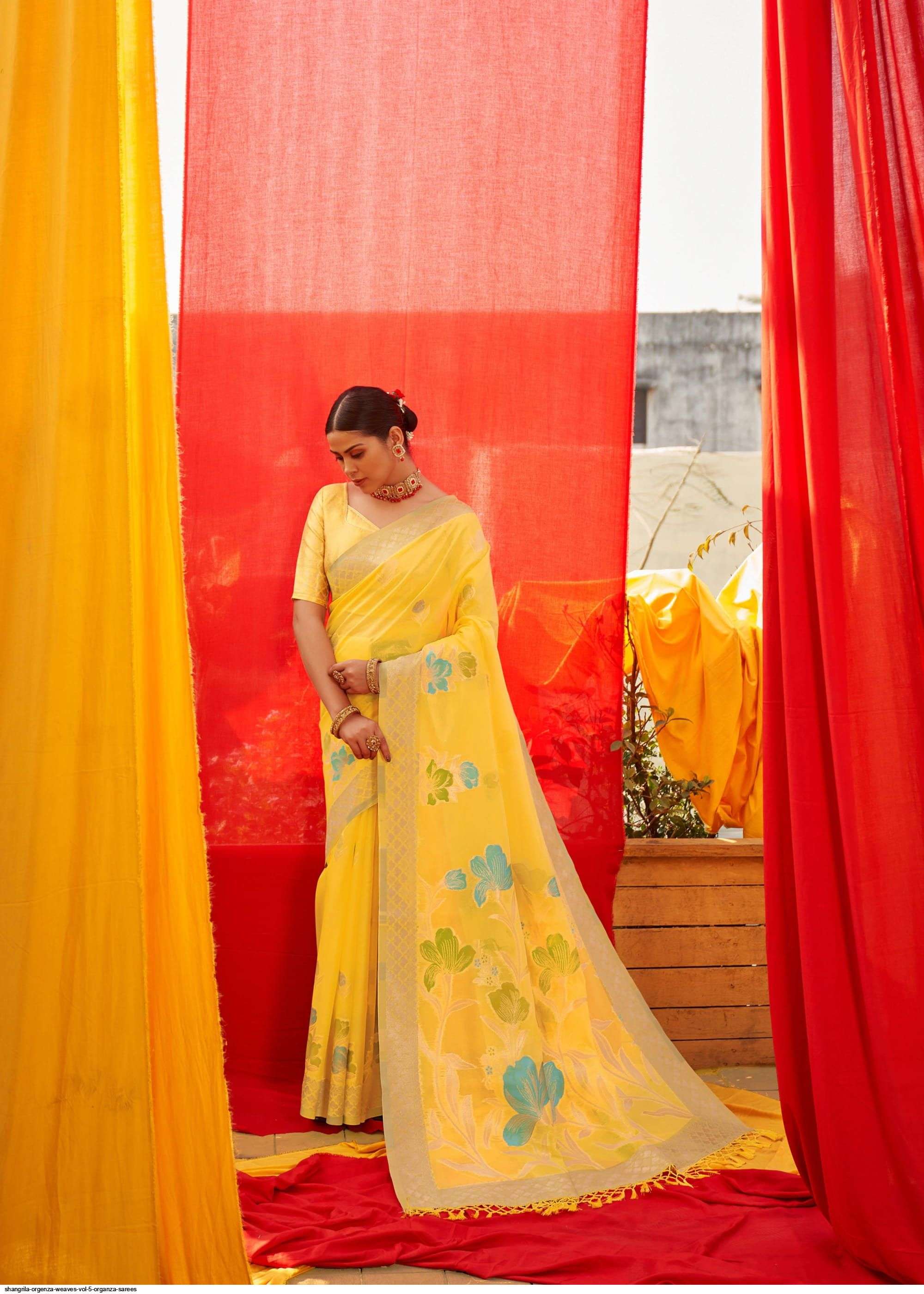 ORGENZA WEAVES VOL-5 BY SHANGRILA A TO F SERIES INDIAN TRADITIONAL WEAR COLLECTION BEAUTIFUL STYLISH FANCY COLORFUL PARTY WEAR & OCCASIONAL WEAR SOFT ORGANZA PRINTED SAREES AT WHOLESALE PRICE
