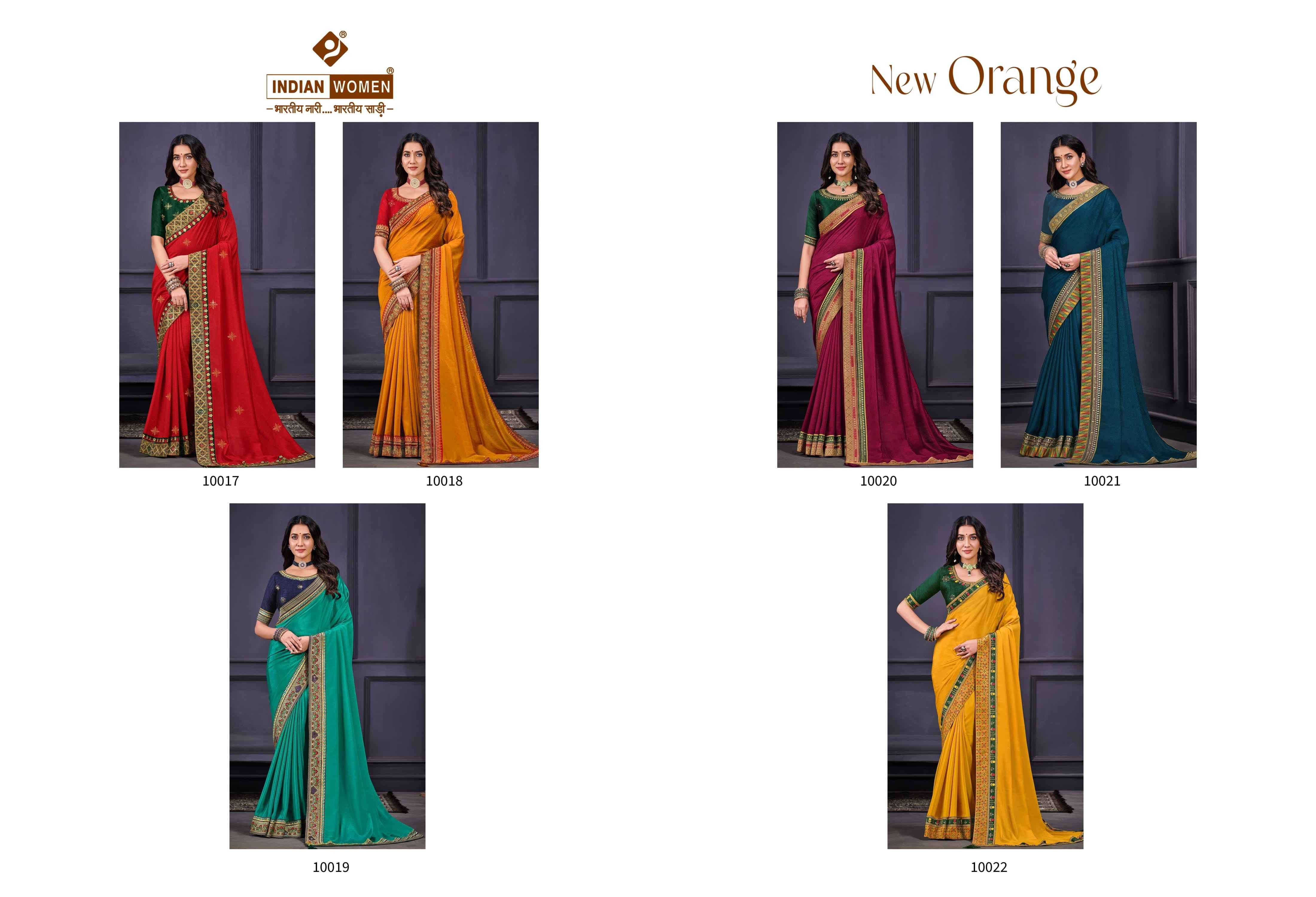 NEW ORANGE BY INDIAN WOMEN 10017 TO 10022 SERIES INDIAN TRADITIONAL WEAR COLLECTION BEAUTIFUL STYLISH FANCY COLORFUL PARTY WEAR & OCCASIONAL WEAR FANCY SAREES AT WHOLESALE PRICE