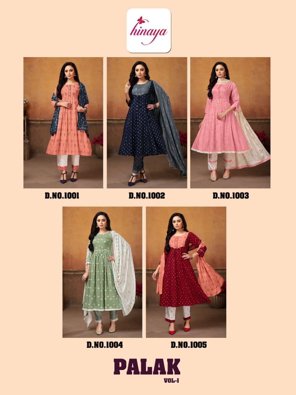 PALAK VOL-1 BY HINAYA 1001 TO 1005 SERIES BEAUTIFUL SUITS COLORFUL STYLISH FANCY CASUAL WEAR & ETHNIC WEAR RAYON PRINT DRESSES AT WHOLESALE PRICE