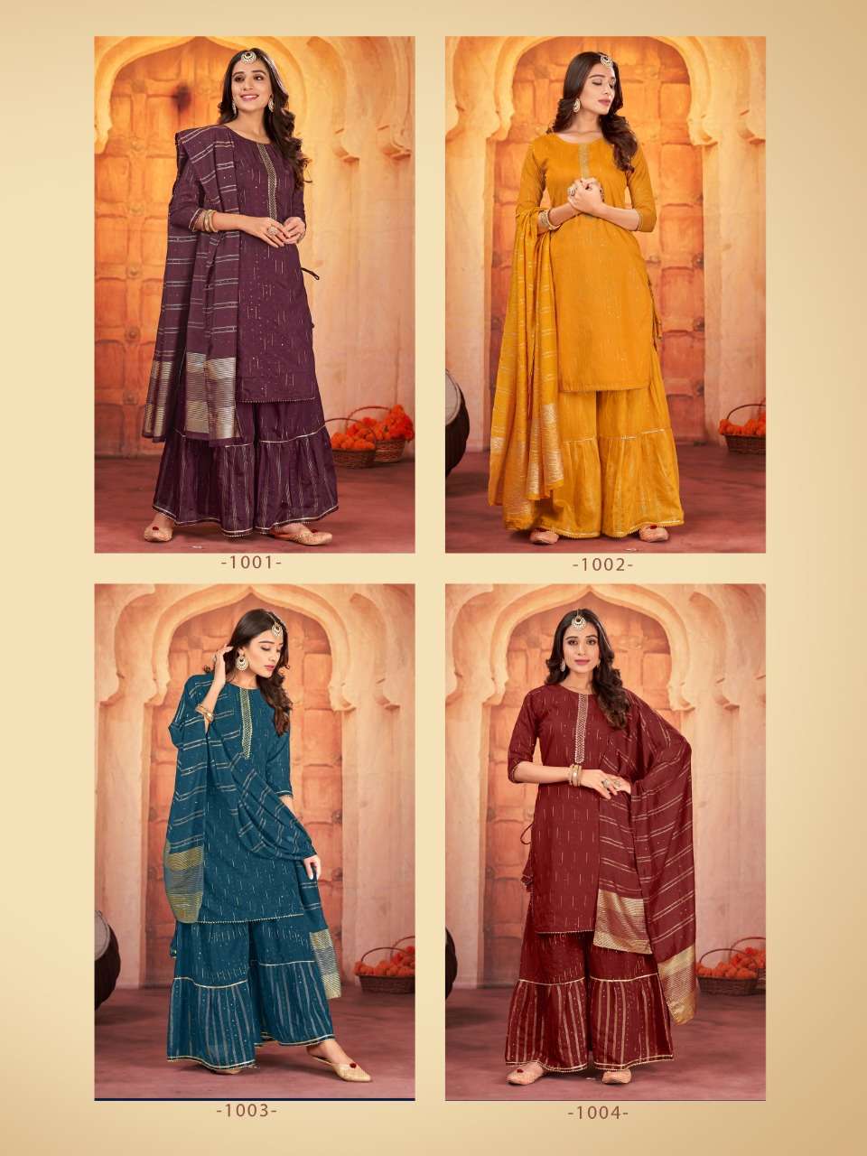 TARANG BY LILLY 1001 TO 1004 SERIES BEAUTIFUL SHARARA SUITS COLORFUL STYLISH FANCY CASUAL WEAR & ETHNIC WEAR VISCOSE CHANDERI DRESSES AT WHOLESALE PRICE
