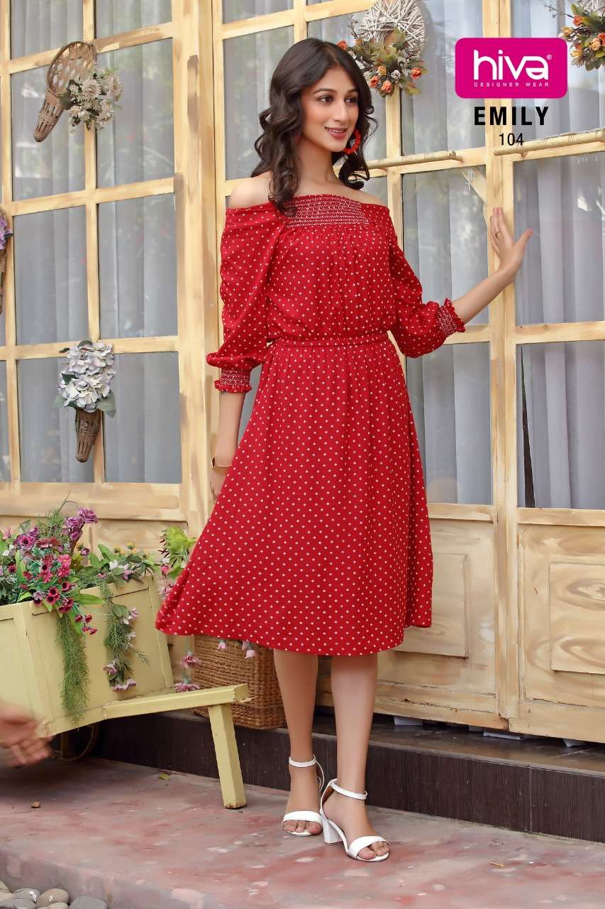 EMILY BY HIVA 101 TO 106 SERIES DESIGNER STYLISH FANCY COLORFUL BEAUTIFUL PARTY WEAR & ETHNIC WEAR COLLECTION RAYON PRINT KURTIS AT WHOLESALE PRICE