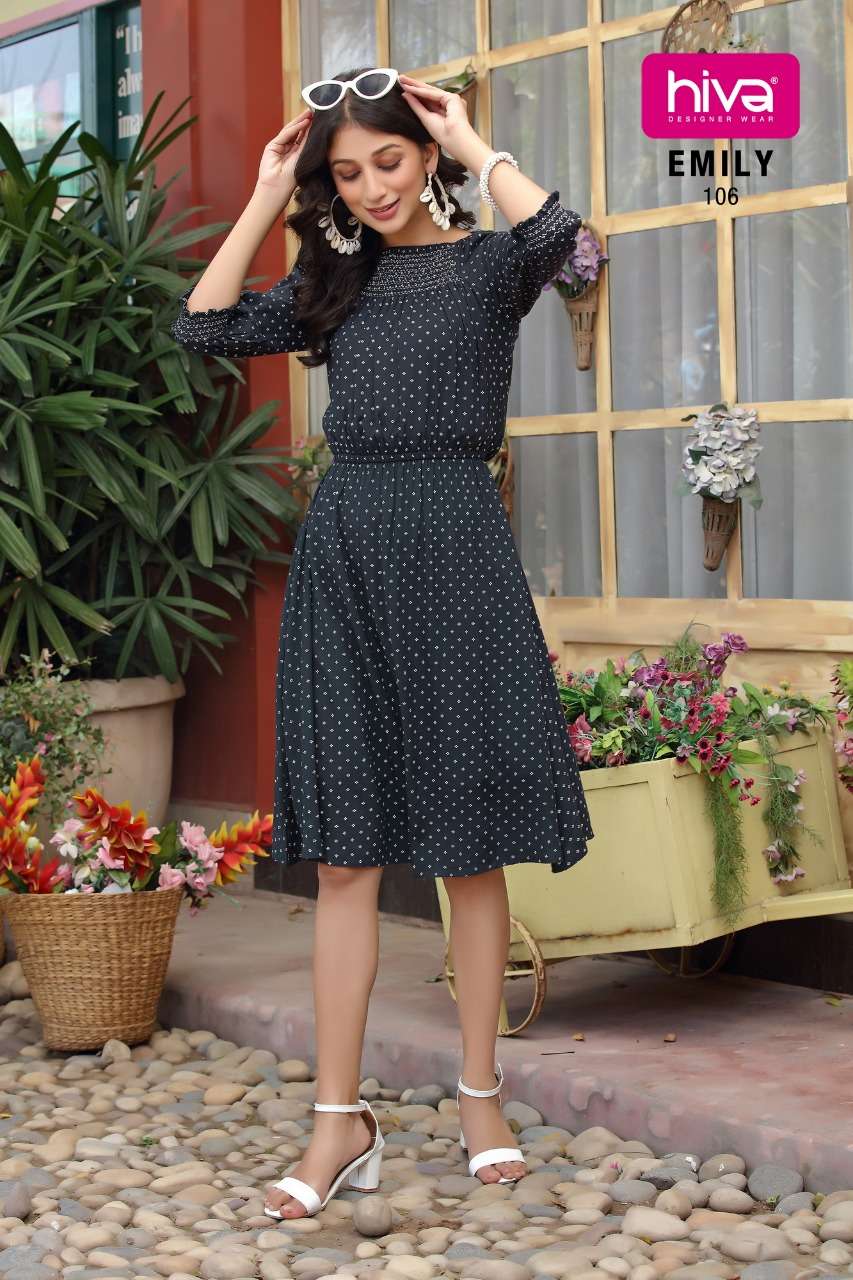 EMILY BY HIVA 101 TO 106 SERIES DESIGNER STYLISH FANCY COLORFUL BEAUTIFUL PARTY WEAR & ETHNIC WEAR COLLECTION RAYON PRINT KURTIS AT WHOLESALE PRICE