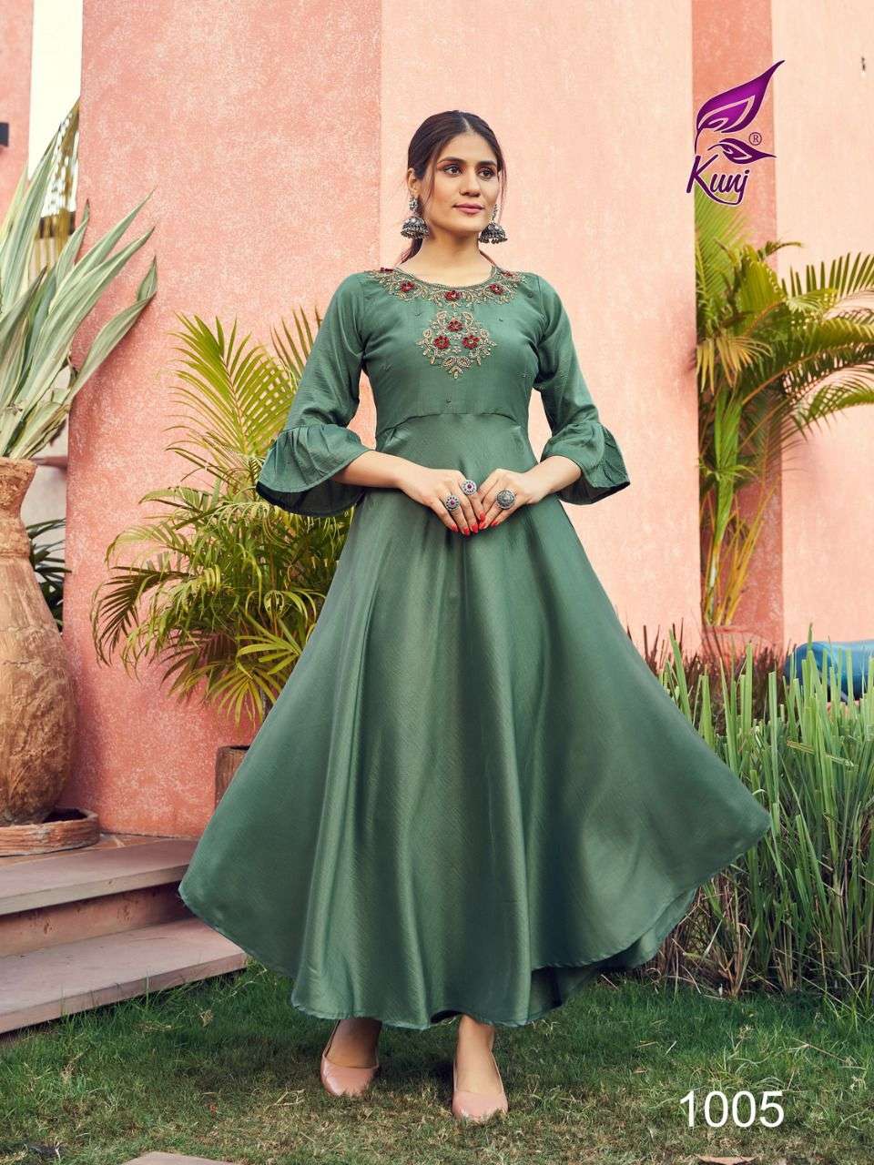 MASAK KALI VOL-1 BY KUNJ 1001 TO 1008 SERIES BEAUTIFUL STYLISH FANCY COLORFUL CASUAL WEAR & ETHNIC WEAR CHINNON SILK GOWNS AT WHOLESALE PRICE
