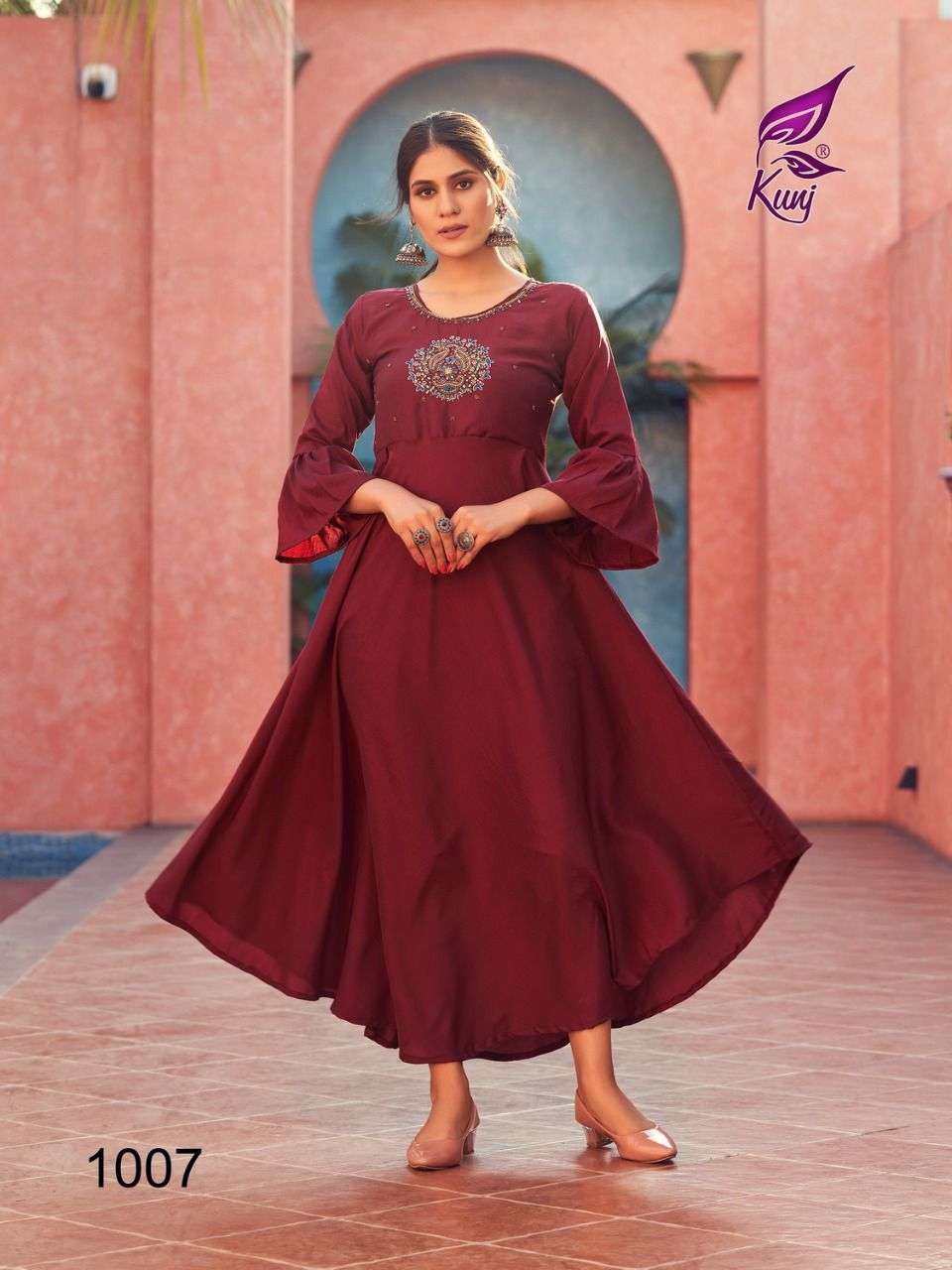 MASAK KALI VOL-1 BY KUNJ 1001 TO 1008 SERIES BEAUTIFUL STYLISH FANCY COLORFUL CASUAL WEAR & ETHNIC WEAR CHINNON SILK GOWNS AT WHOLESALE PRICE