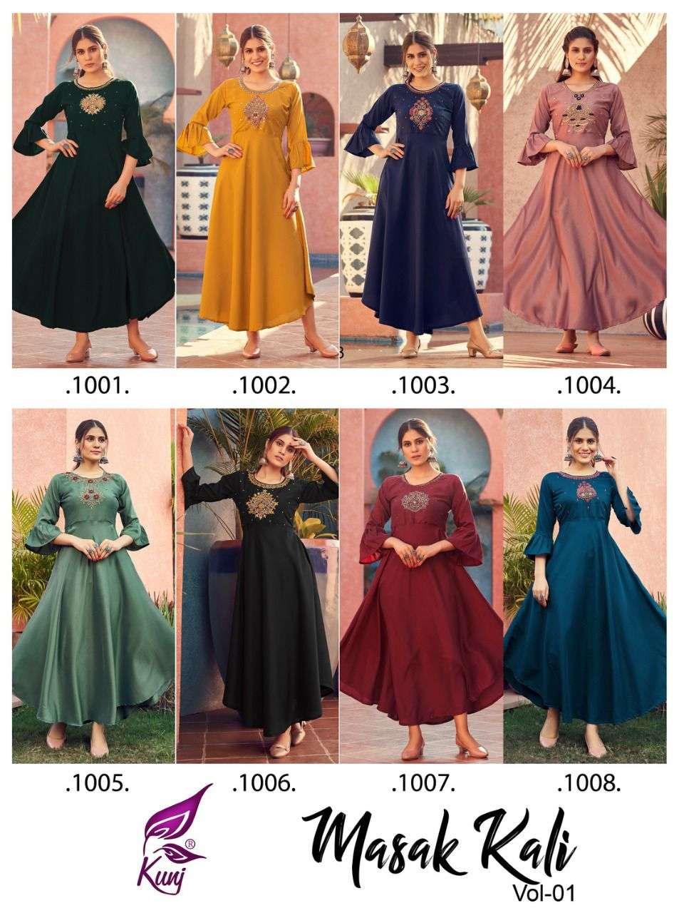 MASAK KALI VOL-1 BY KUNJ 1001 TO 1008 SERIES BEAUTIFUL STYLISH FANCY COLORFUL CASUAL WEAR & ETHNIC WEAR CHINNON SILK GOWNS AT WHOLESALE PRICE