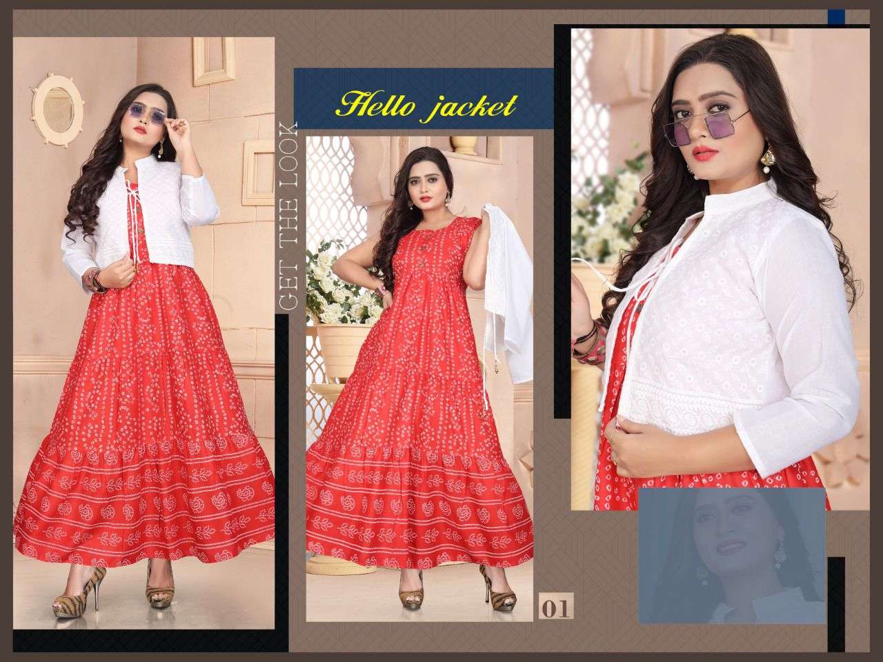 HELLO JACKET BY BEAUTY QUEEN 01 TO 08 SERIES BEAUTIFUL STYLISH FANCY COLORFUL CASUAL WEAR & ETHNIC WEAR RAYON GOWNS WITH JACKET AT WHOLESALE PRICE