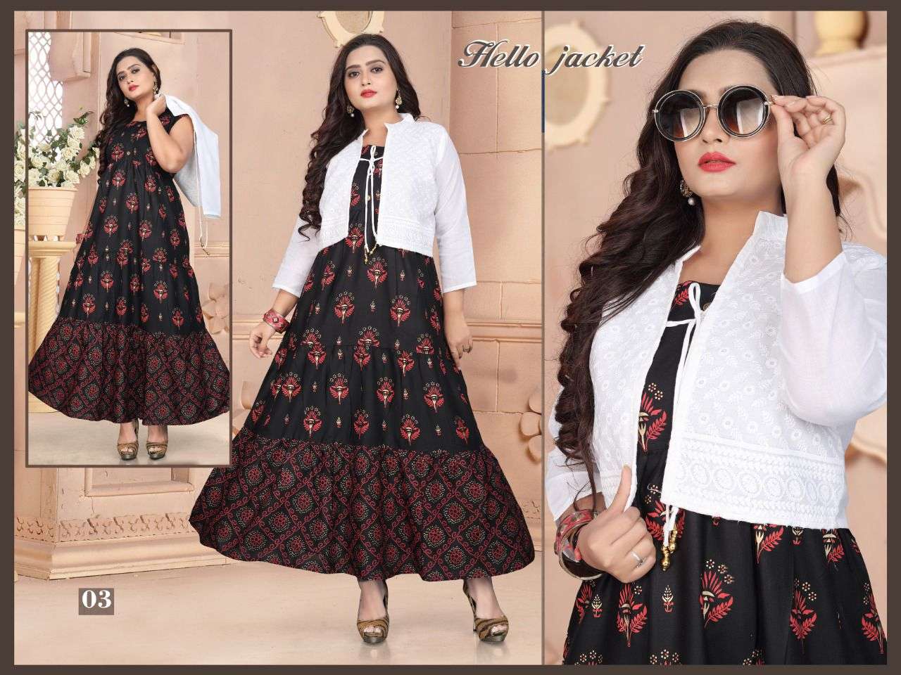 HELLO JACKET BY BEAUTY QUEEN 01 TO 08 SERIES BEAUTIFUL STYLISH FANCY COLORFUL CASUAL WEAR & ETHNIC WEAR RAYON GOWNS WITH JACKET AT WHOLESALE PRICE