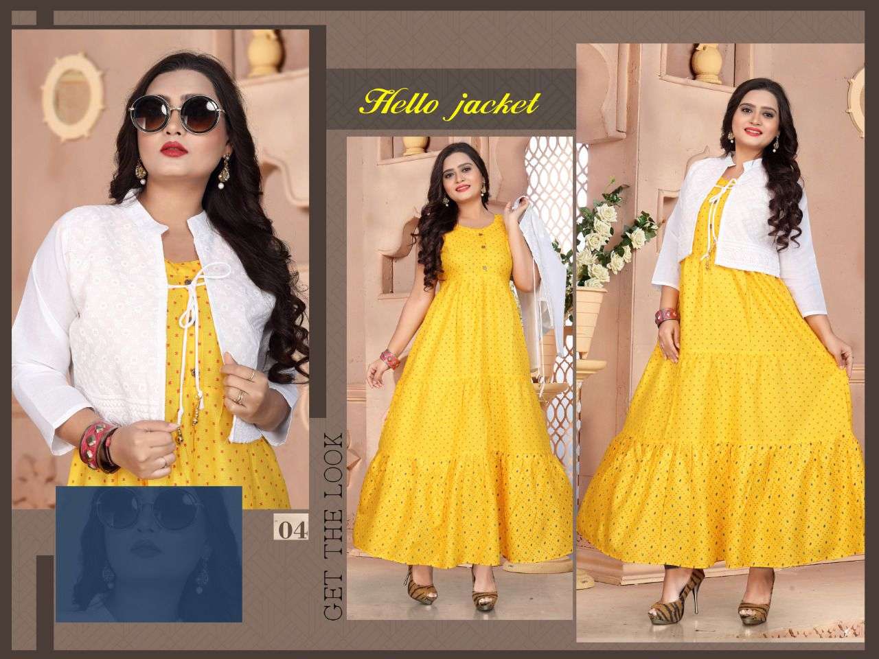 HELLO JACKET BY BEAUTY QUEEN 01 TO 08 SERIES BEAUTIFUL STYLISH FANCY COLORFUL CASUAL WEAR & ETHNIC WEAR RAYON GOWNS WITH JACKET AT WHOLESALE PRICE