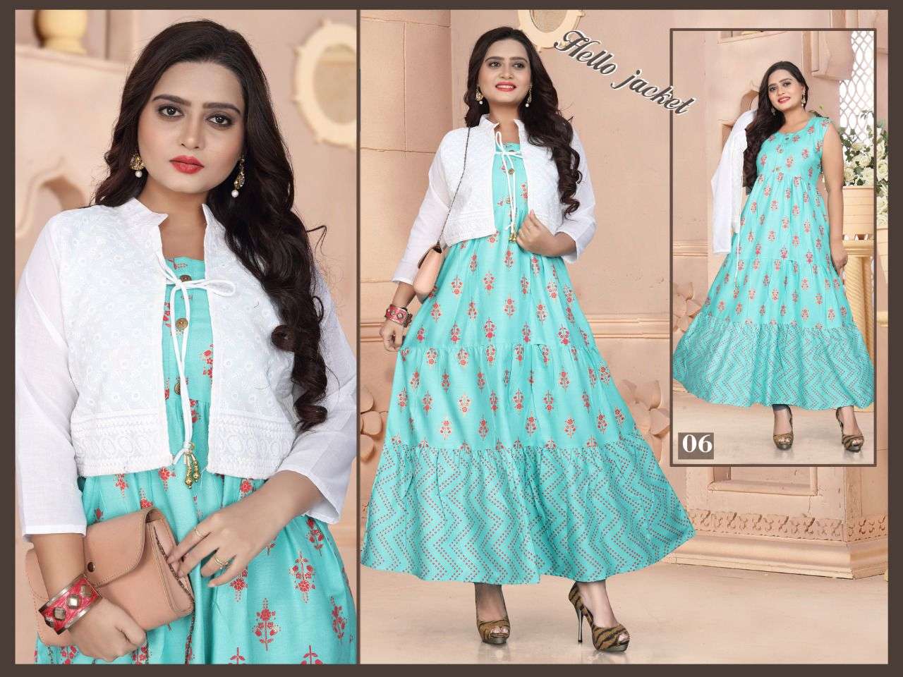 HELLO JACKET BY BEAUTY QUEEN 01 TO 08 SERIES BEAUTIFUL STYLISH FANCY COLORFUL CASUAL WEAR & ETHNIC WEAR RAYON GOWNS WITH JACKET AT WHOLESALE PRICE