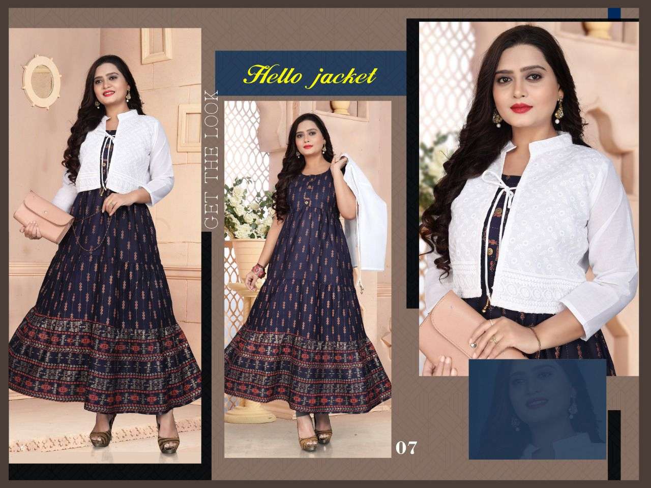 HELLO JACKET BY BEAUTY QUEEN 01 TO 08 SERIES BEAUTIFUL STYLISH FANCY COLORFUL CASUAL WEAR & ETHNIC WEAR RAYON GOWNS WITH JACKET AT WHOLESALE PRICE