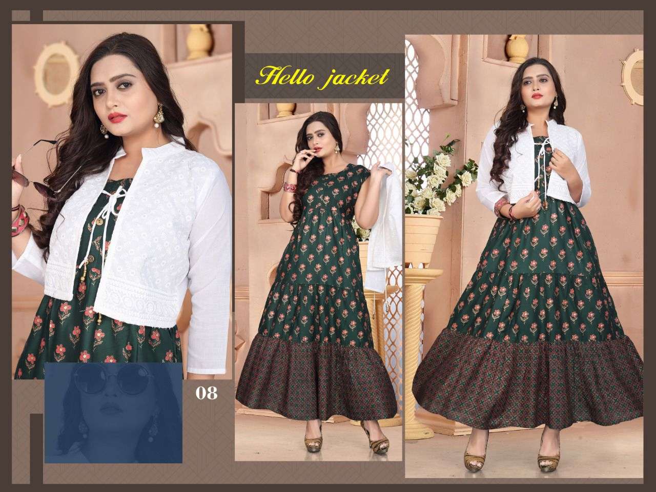 HELLO JACKET BY BEAUTY QUEEN 01 TO 08 SERIES BEAUTIFUL STYLISH FANCY COLORFUL CASUAL WEAR & ETHNIC WEAR RAYON GOWNS WITH JACKET AT WHOLESALE PRICE