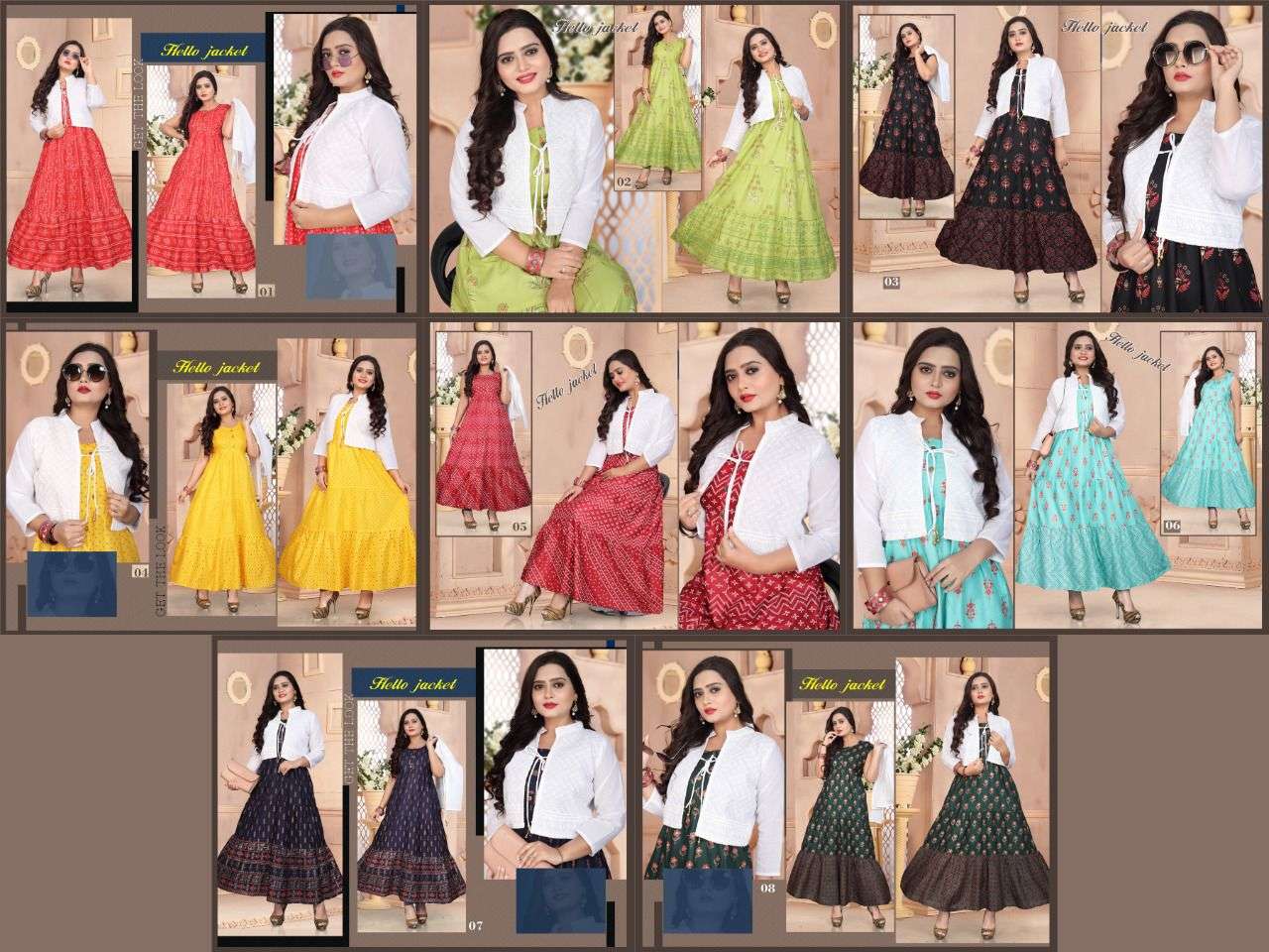 HELLO JACKET BY BEAUTY QUEEN 01 TO 08 SERIES BEAUTIFUL STYLISH FANCY COLORFUL CASUAL WEAR & ETHNIC WEAR RAYON GOWNS WITH JACKET AT WHOLESALE PRICE
