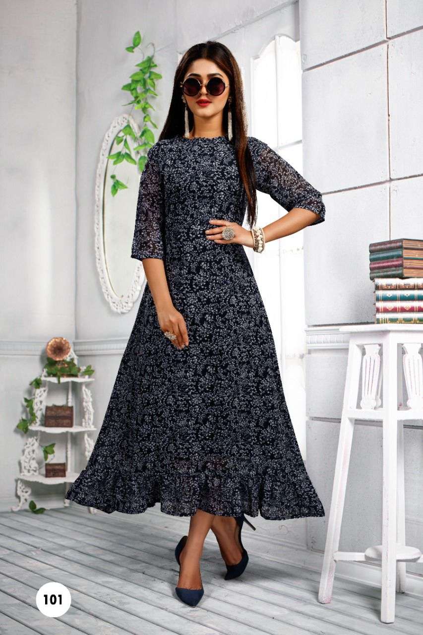 SIMONA VOL-2 BY BEAUTY QUEEN 101 TO 106 SERIES DESIGNER STYLISH FANCY COLORFUL BEAUTIFUL PARTY WEAR & ETHNIC WEAR COLLECTION GEORGETTE PRINT KURTIS AT WHOLESALE PRICE