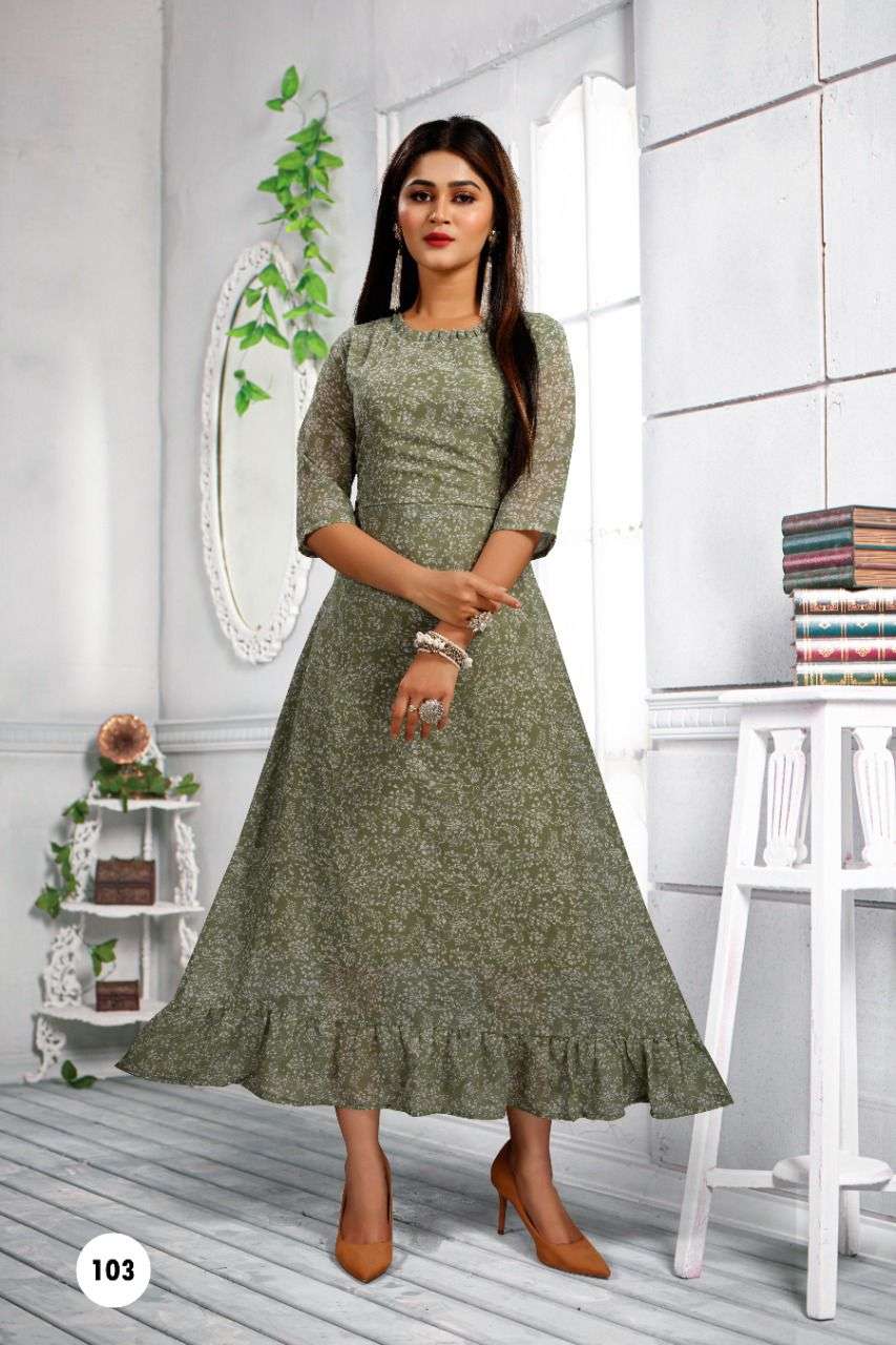 SIMONA VOL-2 BY BEAUTY QUEEN 101 TO 106 SERIES DESIGNER STYLISH FANCY COLORFUL BEAUTIFUL PARTY WEAR & ETHNIC WEAR COLLECTION GEORGETTE PRINT KURTIS AT WHOLESALE PRICE