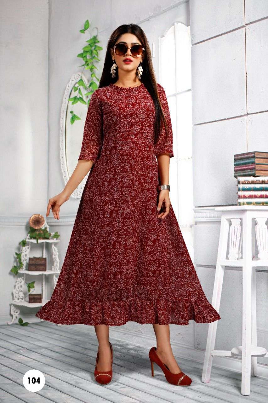 SIMONA VOL-2 BY BEAUTY QUEEN 101 TO 106 SERIES DESIGNER STYLISH FANCY COLORFUL BEAUTIFUL PARTY WEAR & ETHNIC WEAR COLLECTION GEORGETTE PRINT KURTIS AT WHOLESALE PRICE