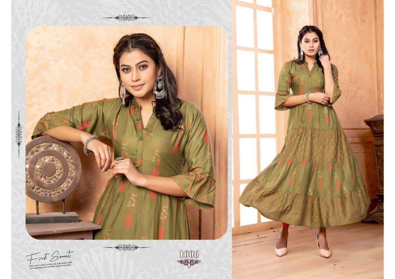 SHRUTI BY BEAUTY QUEEN 1001 TO 1008 SERIES DESIGNER STYLISH FANCY COLORFUL BEAUTIFUL PARTY WEAR & ETHNIC WEAR COLLECTION RAYON FOIL PRINT KURTIS AT WHOLESALE PRICE
