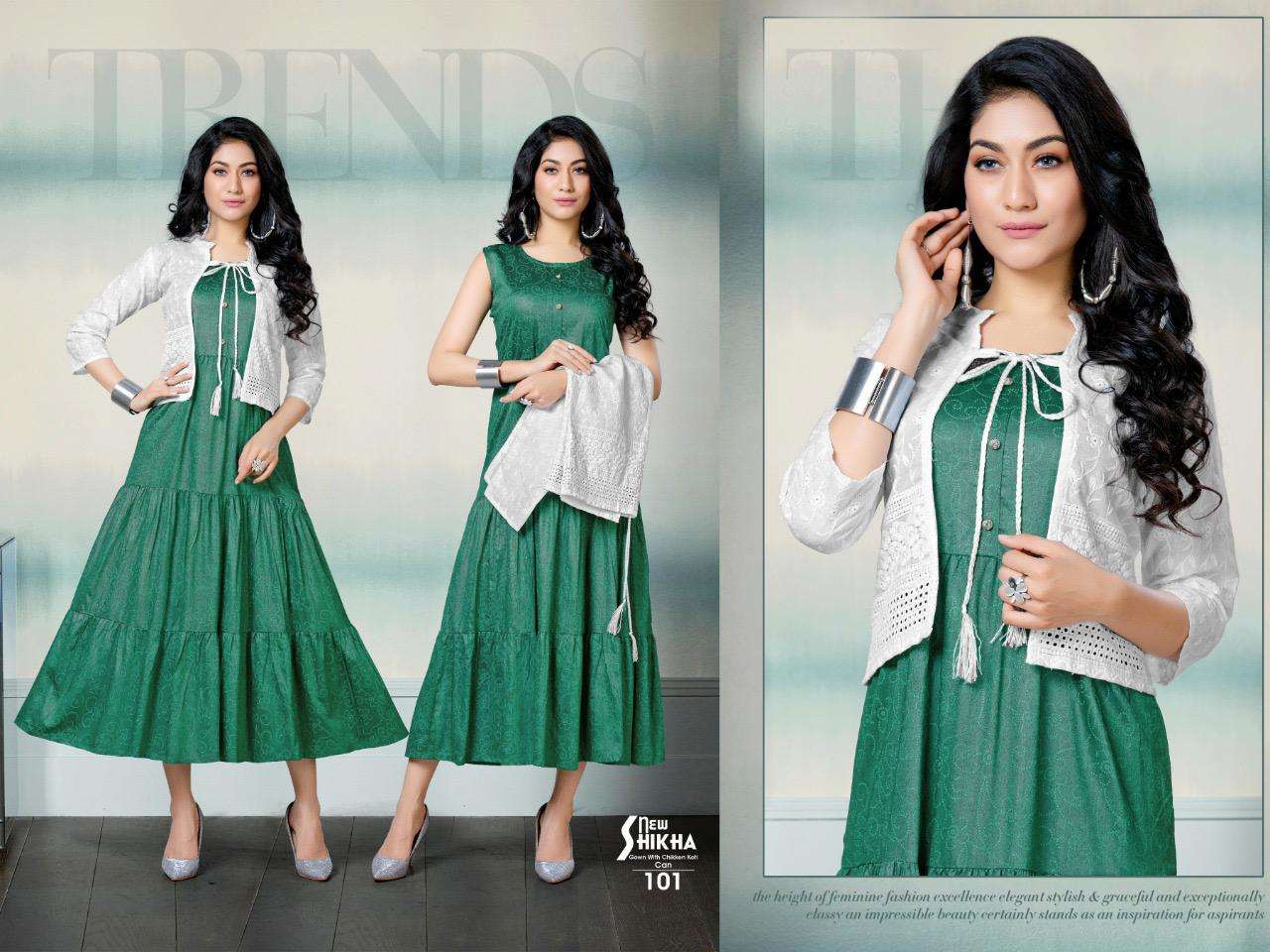 NEW SHIKHA BY BEAUTY QUEEN 101 TO 108 SERIES DESIGNER STYLISH FANCY COLORFUL BEAUTIFUL PARTY WEAR & ETHNIC WEAR COLLECTION RAYON KURTIS WITH JACKETS AT WHOLESALE PRICE