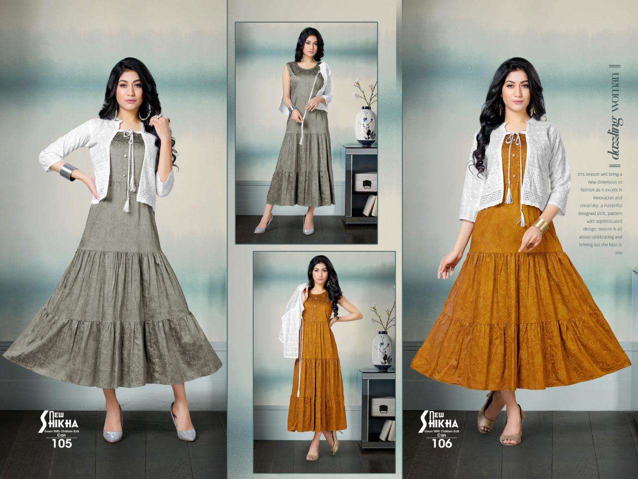 NEW SHIKHA BY BEAUTY QUEEN 101 TO 108 SERIES DESIGNER STYLISH FANCY COLORFUL BEAUTIFUL PARTY WEAR & ETHNIC WEAR COLLECTION RAYON KURTIS WITH JACKETS AT WHOLESALE PRICE
