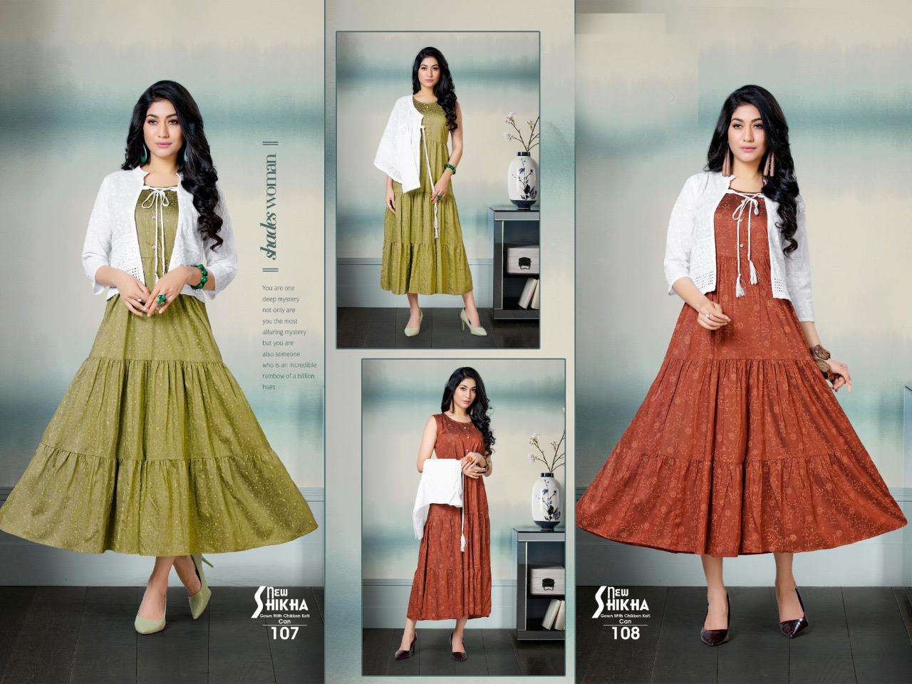 NEW SHIKHA BY BEAUTY QUEEN 101 TO 108 SERIES DESIGNER STYLISH FANCY COLORFUL BEAUTIFUL PARTY WEAR & ETHNIC WEAR COLLECTION RAYON KURTIS WITH JACKETS AT WHOLESALE PRICE