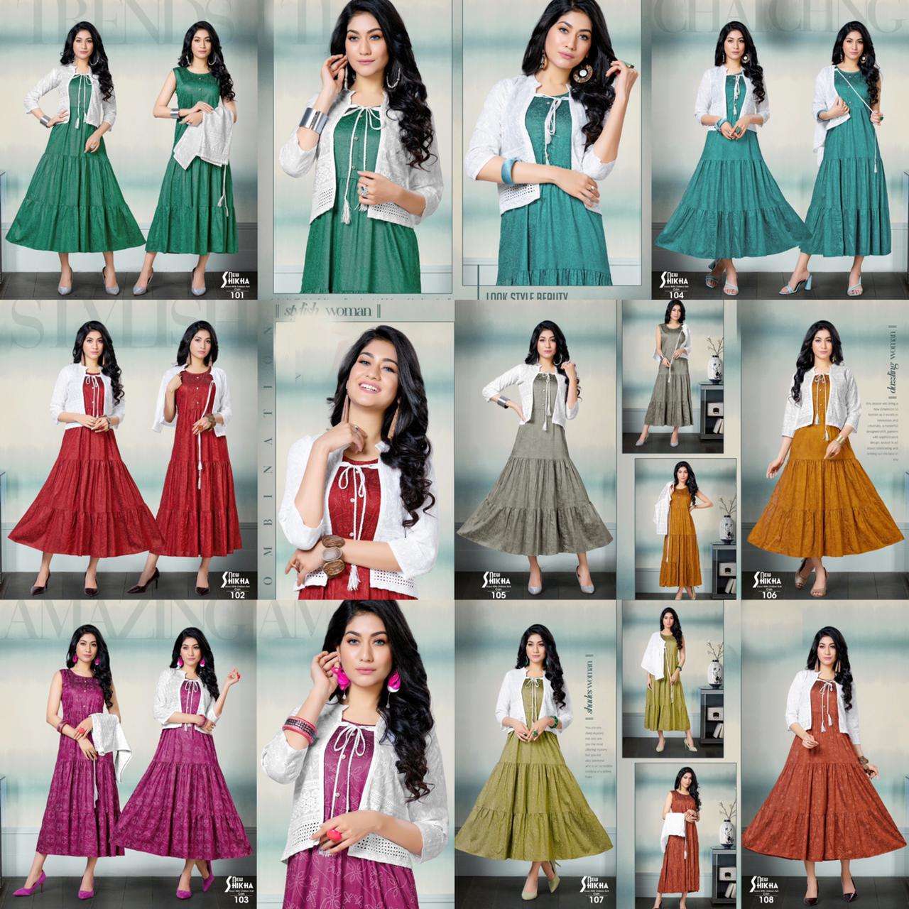 NEW SHIKHA BY BEAUTY QUEEN 101 TO 108 SERIES DESIGNER STYLISH FANCY COLORFUL BEAUTIFUL PARTY WEAR & ETHNIC WEAR COLLECTION RAYON KURTIS WITH JACKETS AT WHOLESALE PRICE