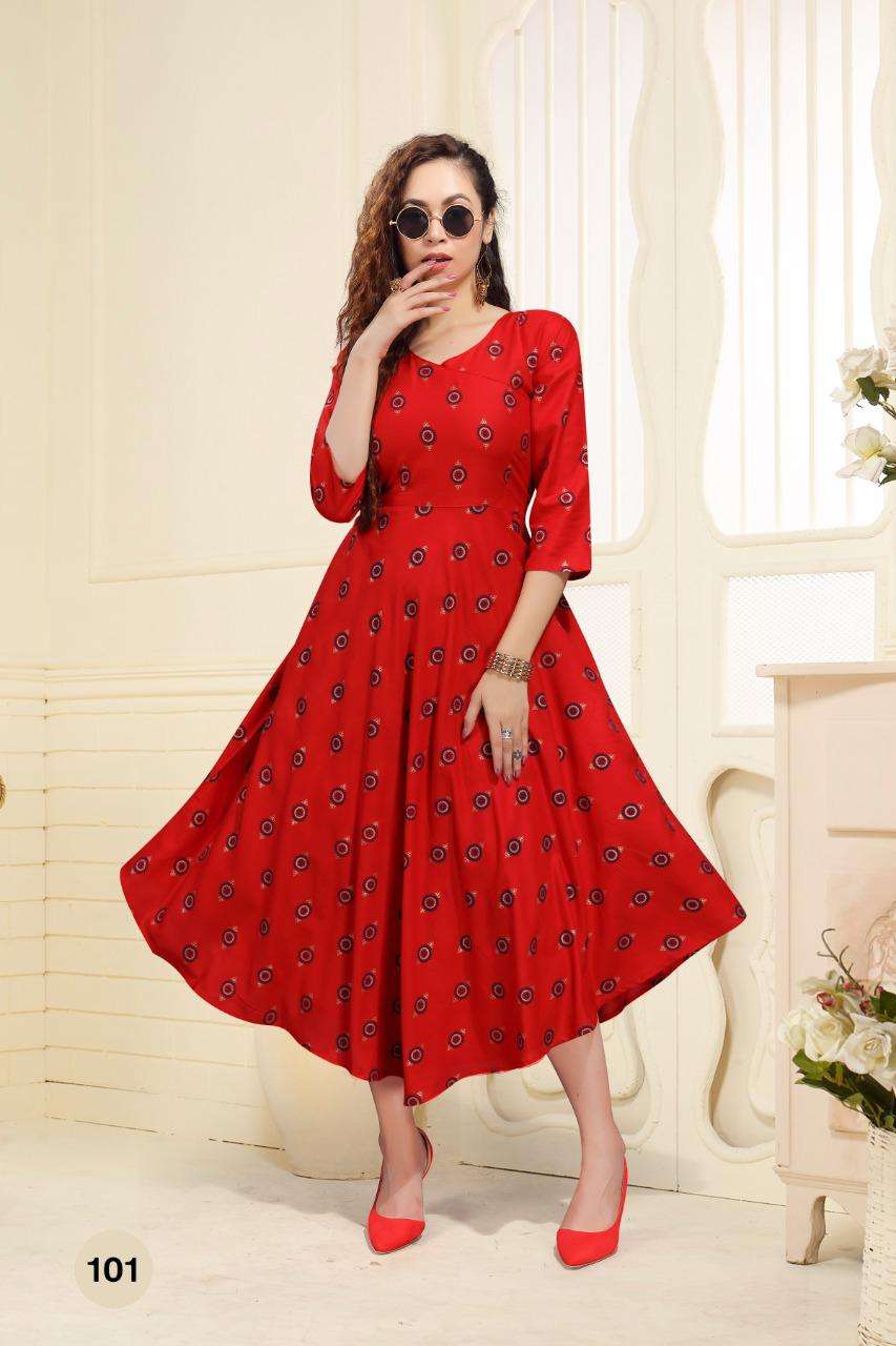 SIMRAN BY BEAUTY QUEEN 101 TO 110 SERIES DESIGNER STYLISH FANCY COLORFUL BEAUTIFUL PARTY WEAR & ETHNIC WEAR COLLECTION RAYON PRINT KURTIS AT WHOLESALE PRICE
