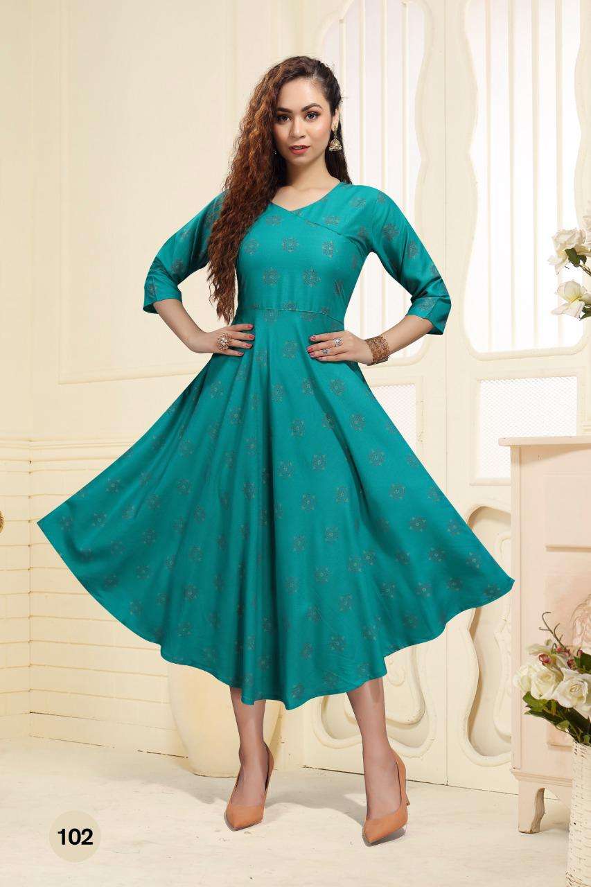 SIMRAN BY BEAUTY QUEEN 101 TO 110 SERIES DESIGNER STYLISH FANCY COLORFUL BEAUTIFUL PARTY WEAR & ETHNIC WEAR COLLECTION RAYON PRINT KURTIS AT WHOLESALE PRICE