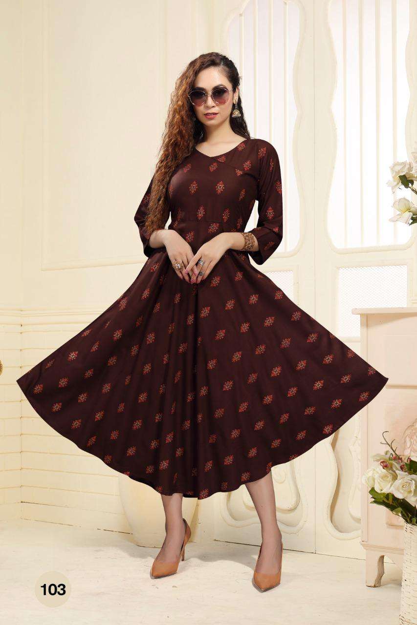 SIMRAN BY BEAUTY QUEEN 101 TO 110 SERIES DESIGNER STYLISH FANCY COLORFUL BEAUTIFUL PARTY WEAR & ETHNIC WEAR COLLECTION RAYON PRINT KURTIS AT WHOLESALE PRICE