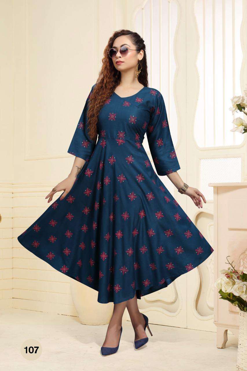 SIMRAN BY BEAUTY QUEEN 101 TO 110 SERIES DESIGNER STYLISH FANCY COLORFUL BEAUTIFUL PARTY WEAR & ETHNIC WEAR COLLECTION RAYON PRINT KURTIS AT WHOLESALE PRICE