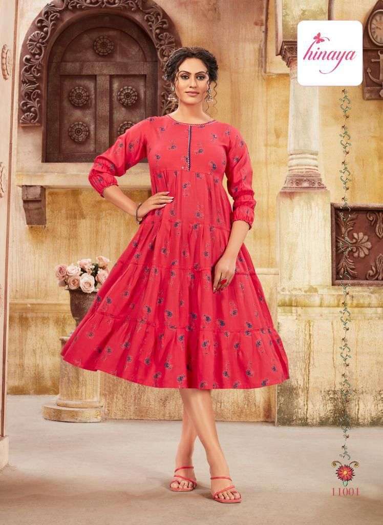 SAANJ VOL-3 BY HINAYA 11001 TO 11005 SERIES DESIGNER STYLISH FANCY COLORFUL BEAUTIFUL PARTY WEAR & ETHNIC WEAR COLLECTION RAYON SLUB KURTIS AT WHOLESALE PRICE