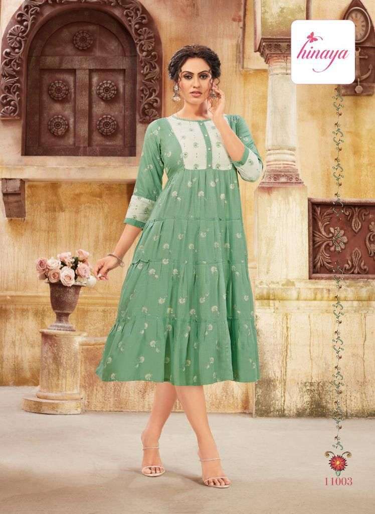 SAANJ VOL-3 BY HINAYA 11001 TO 11005 SERIES DESIGNER STYLISH FANCY COLORFUL BEAUTIFUL PARTY WEAR & ETHNIC WEAR COLLECTION RAYON SLUB KURTIS AT WHOLESALE PRICE