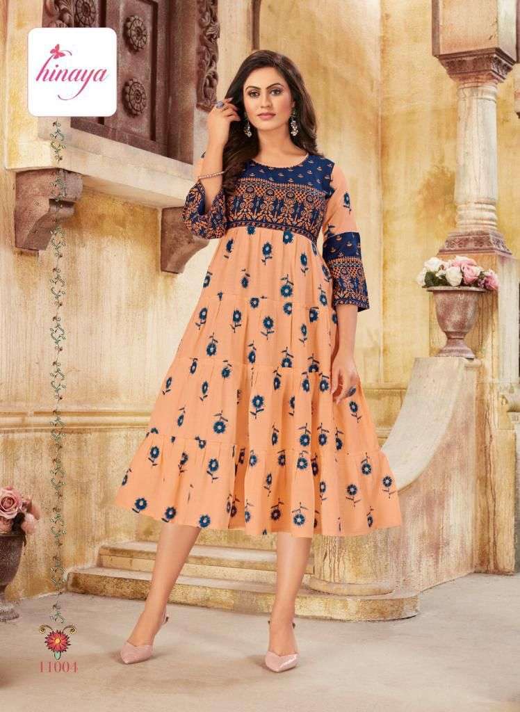 SAANJ VOL-3 BY HINAYA 11001 TO 11005 SERIES DESIGNER STYLISH FANCY COLORFUL BEAUTIFUL PARTY WEAR & ETHNIC WEAR COLLECTION RAYON SLUB KURTIS AT WHOLESALE PRICE
