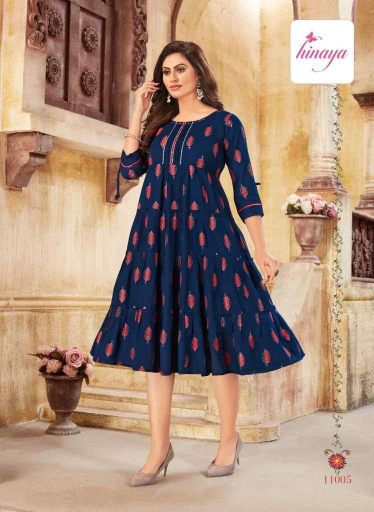 SAANJ VOL-3 BY HINAYA 11001 TO 11005 SERIES DESIGNER STYLISH FANCY COLORFUL BEAUTIFUL PARTY WEAR & ETHNIC WEAR COLLECTION RAYON SLUB KURTIS AT WHOLESALE PRICE