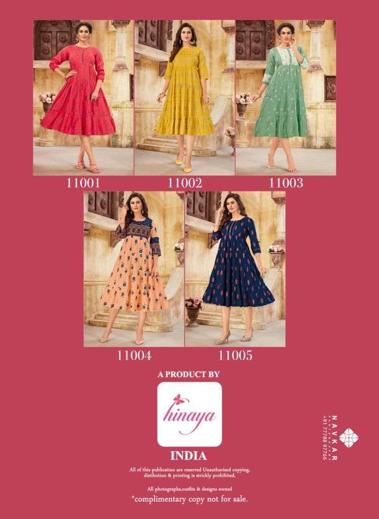 SAANJ VOL-3 BY HINAYA 11001 TO 11005 SERIES DESIGNER STYLISH FANCY COLORFUL BEAUTIFUL PARTY WEAR & ETHNIC WEAR COLLECTION RAYON SLUB KURTIS AT WHOLESALE PRICE