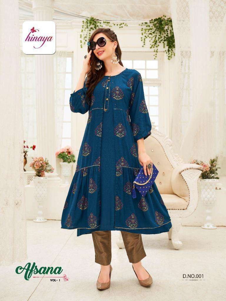 AFSANA VOL-1 BY HINAYA 001 TO 005 SERIES DESIGNER STYLISH FANCY COLORFUL BEAUTIFUL PARTY WEAR & ETHNIC WEAR COLLECTION RAYON SLUB KURTIS AT WHOLESALE PRICE