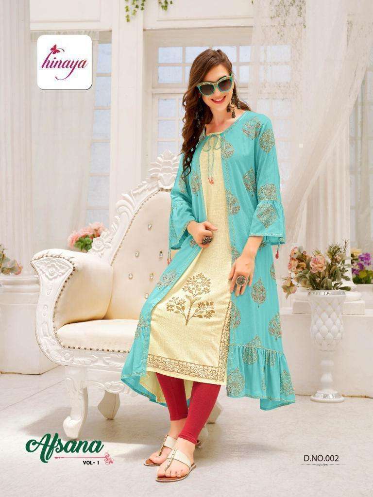 AFSANA VOL-1 BY HINAYA 001 TO 005 SERIES DESIGNER STYLISH FANCY COLORFUL BEAUTIFUL PARTY WEAR & ETHNIC WEAR COLLECTION RAYON SLUB KURTIS AT WHOLESALE PRICE