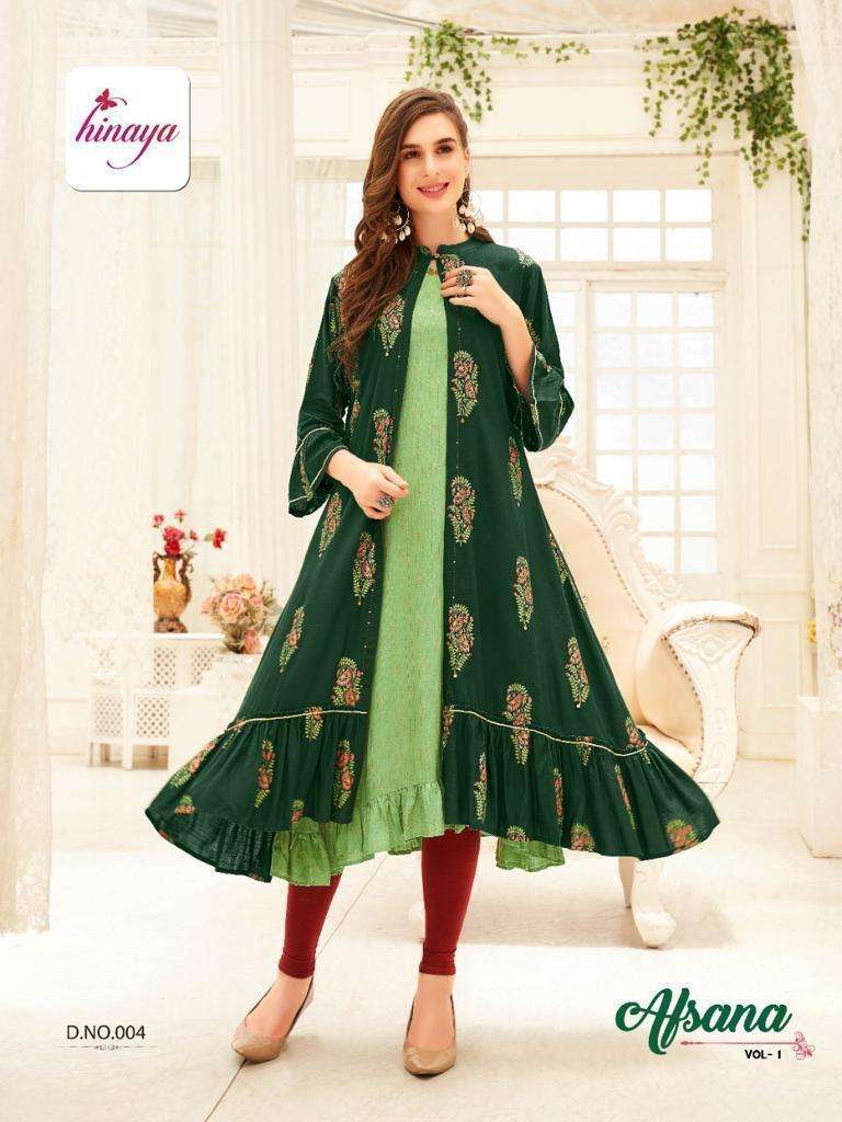 AFSANA VOL-1 BY HINAYA 001 TO 005 SERIES DESIGNER STYLISH FANCY COLORFUL BEAUTIFUL PARTY WEAR & ETHNIC WEAR COLLECTION RAYON SLUB KURTIS AT WHOLESALE PRICE
