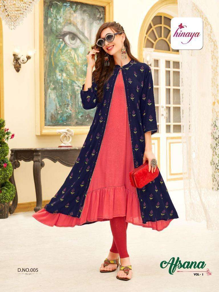 AFSANA VOL-1 BY HINAYA 001 TO 005 SERIES DESIGNER STYLISH FANCY COLORFUL BEAUTIFUL PARTY WEAR & ETHNIC WEAR COLLECTION RAYON SLUB KURTIS AT WHOLESALE PRICE