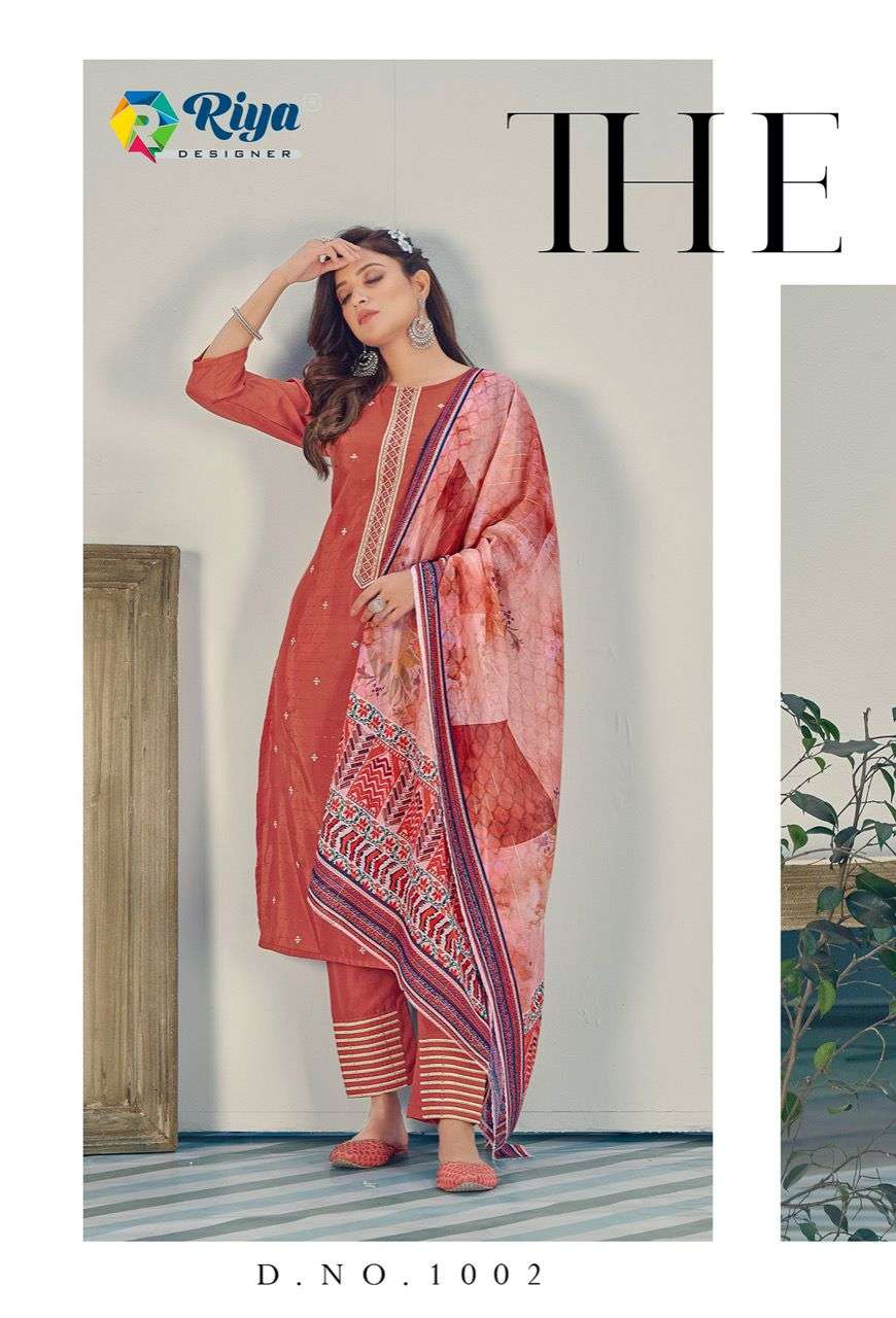GLAMOROUS BY RIYA DESIGNER 1001 TO 1006 SERIES BEAUTIFUL SUITS COLORFUL STYLISH FANCY CASUAL WEAR & ETHNIC WEAR CHINNON WITH WORK DRESSES AT WHOLESALE PRICE