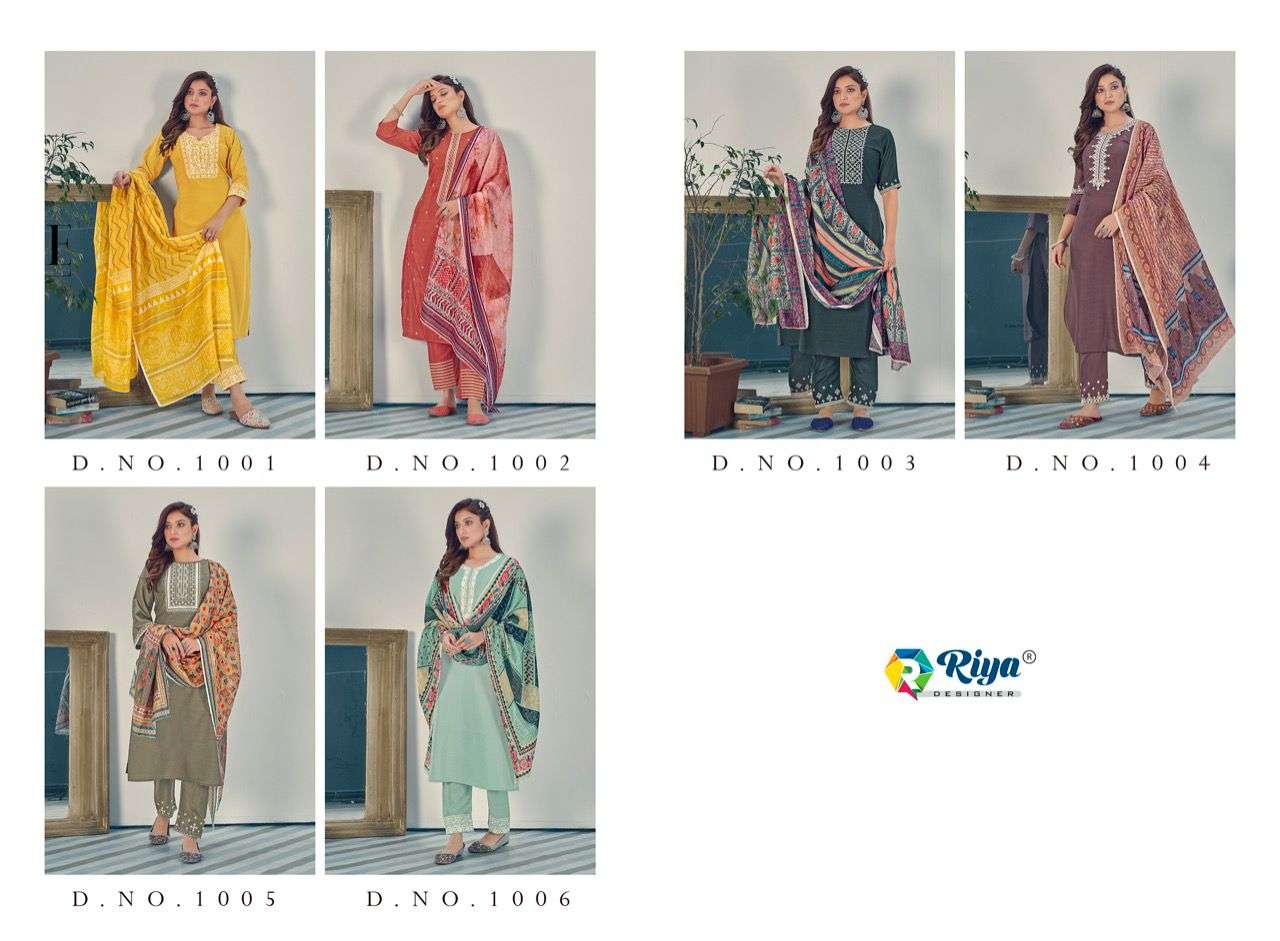 GLAMOROUS BY RIYA DESIGNER 1001 TO 1006 SERIES BEAUTIFUL SUITS COLORFUL STYLISH FANCY CASUAL WEAR & ETHNIC WEAR CHINNON WITH WORK DRESSES AT WHOLESALE PRICE