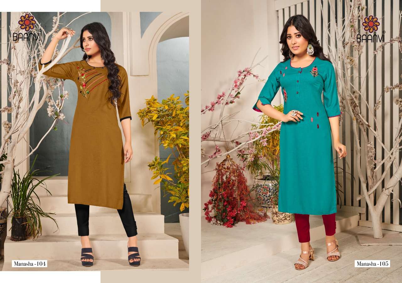 MANASHA VOL-1 BY BAANVI 101 TO 108 SERIES DESIGNER STYLISH FANCY COLORFUL BEAUTIFUL PARTY WEAR & ETHNIC WEAR COLLECTION RAYON EMBROIDERY KURTIS AT WHOLESALE PRICE