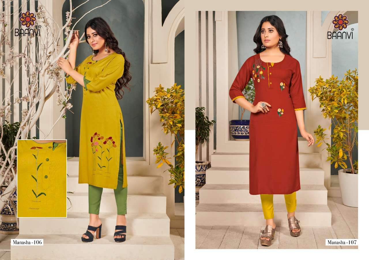 MANASHA VOL-1 BY BAANVI 101 TO 108 SERIES DESIGNER STYLISH FANCY COLORFUL BEAUTIFUL PARTY WEAR & ETHNIC WEAR COLLECTION RAYON EMBROIDERY KURTIS AT WHOLESALE PRICE