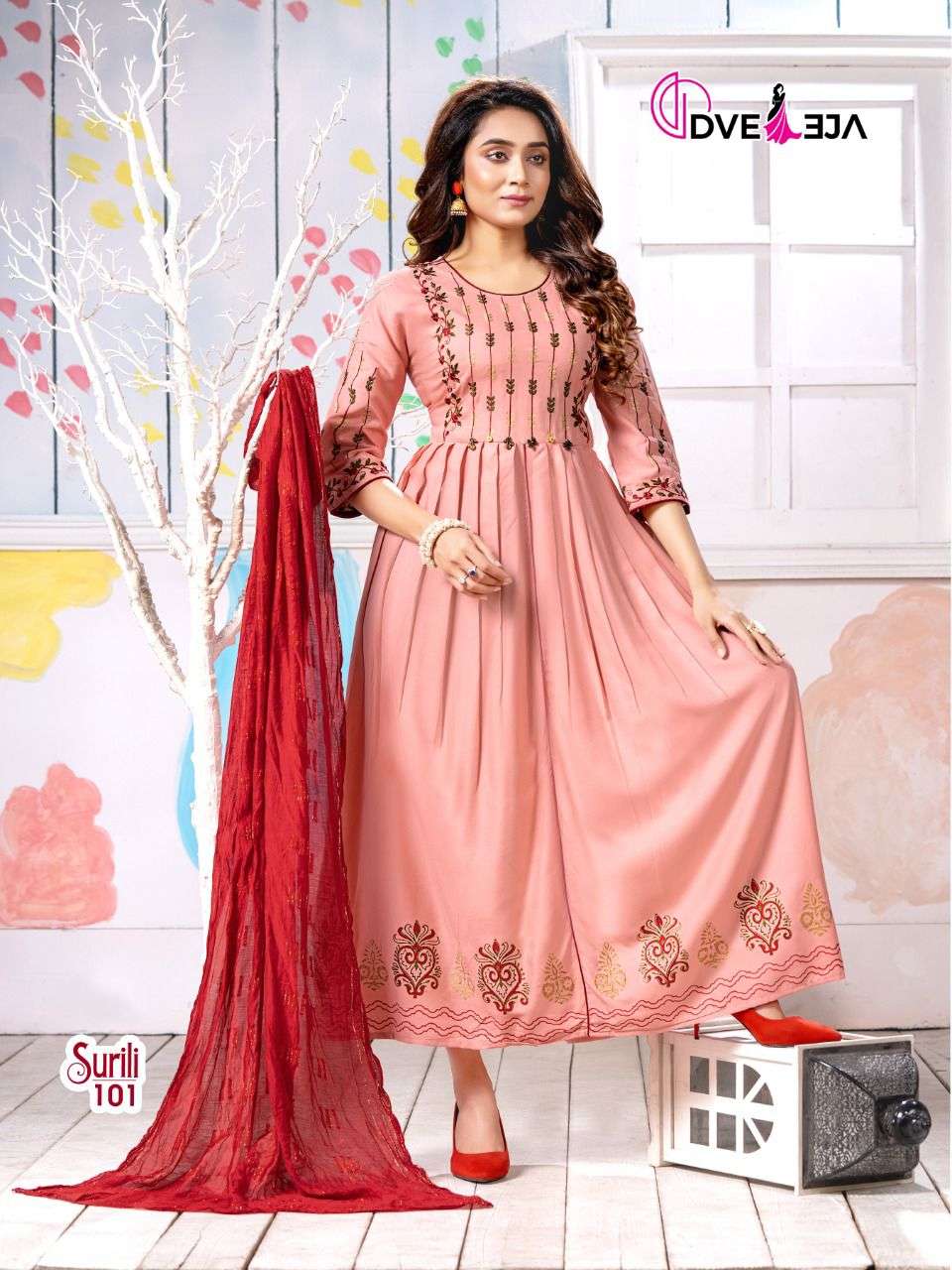 SURILI BY DVEEJA 101 TO 108 SERIES BEAUTIFUL STYLISH FANCY COLORFUL CASUAL WEAR & ETHNIC WEAR HEAVY RAYON EMBROIDERED GOWNS WITH DUPATTA AT WHOLESALE PRICE