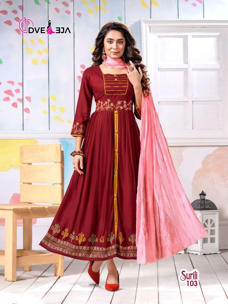 SURILI BY DVEEJA 101 TO 108 SERIES BEAUTIFUL STYLISH FANCY COLORFUL CASUAL WEAR & ETHNIC WEAR HEAVY RAYON EMBROIDERED GOWNS WITH DUPATTA AT WHOLESALE PRICE
