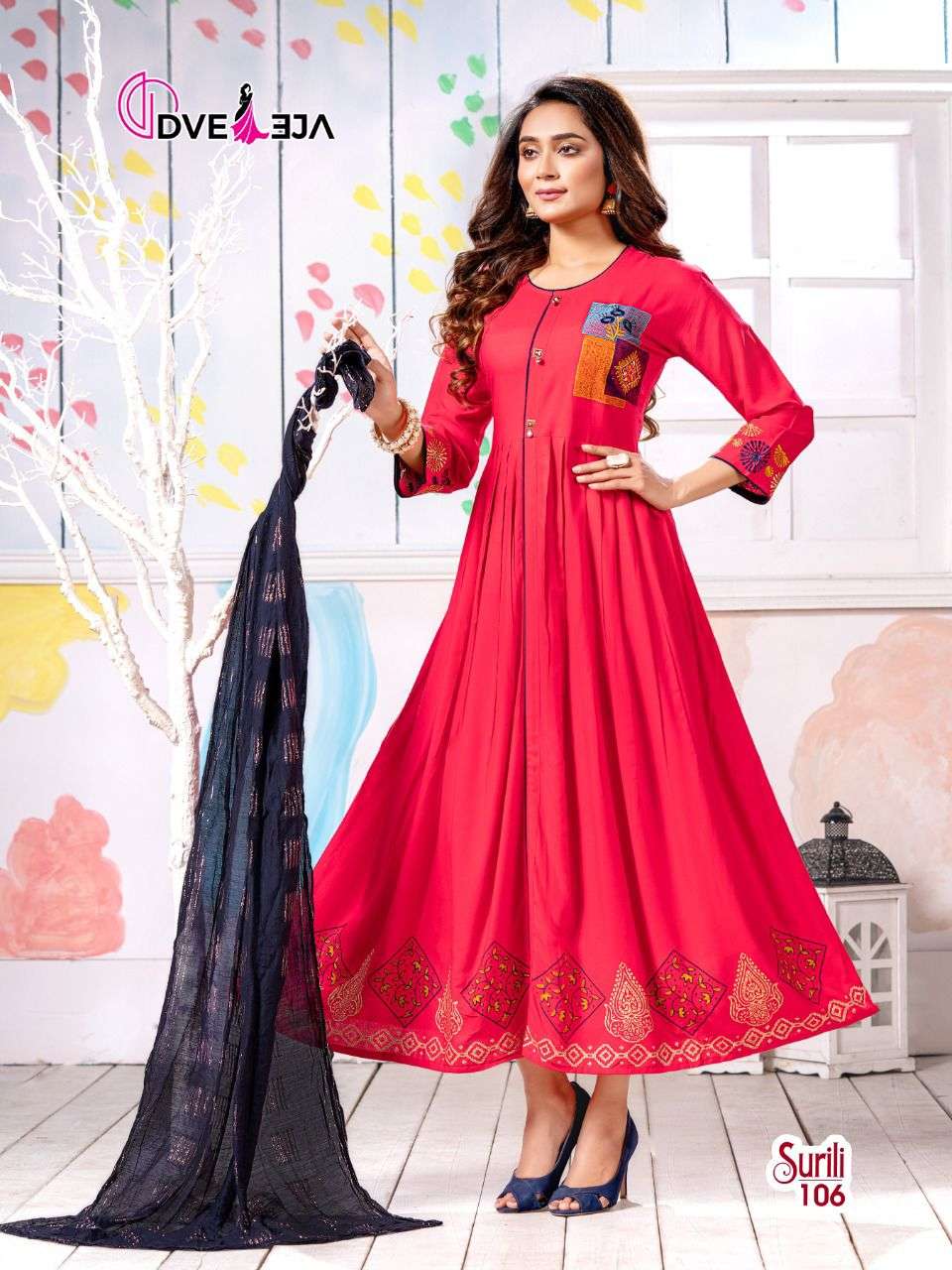 SURILI BY DVEEJA 101 TO 108 SERIES BEAUTIFUL STYLISH FANCY COLORFUL CASUAL WEAR & ETHNIC WEAR HEAVY RAYON EMBROIDERED GOWNS WITH DUPATTA AT WHOLESALE PRICE