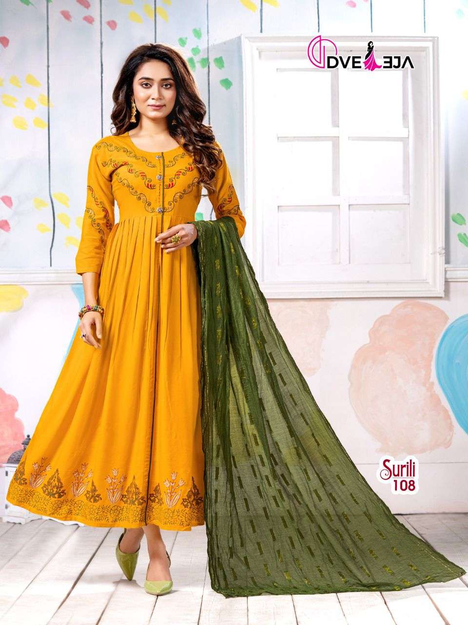 SURILI BY DVEEJA 101 TO 108 SERIES BEAUTIFUL STYLISH FANCY COLORFUL CASUAL WEAR & ETHNIC WEAR HEAVY RAYON EMBROIDERED GOWNS WITH DUPATTA AT WHOLESALE PRICE
