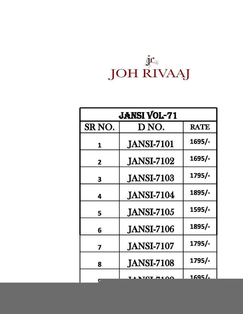 JANSI VOL-71 BY JOH RIVAAJ 7101 TO 7109 SERIES INDIAN TRADITIONAL WEAR COLLECTION BEAUTIFUL STYLISH FANCY COLORFUL PARTY WEAR & OCCASIONAL WEAR SILK WITH WORK SAREES AT WHOLESALE PRICE